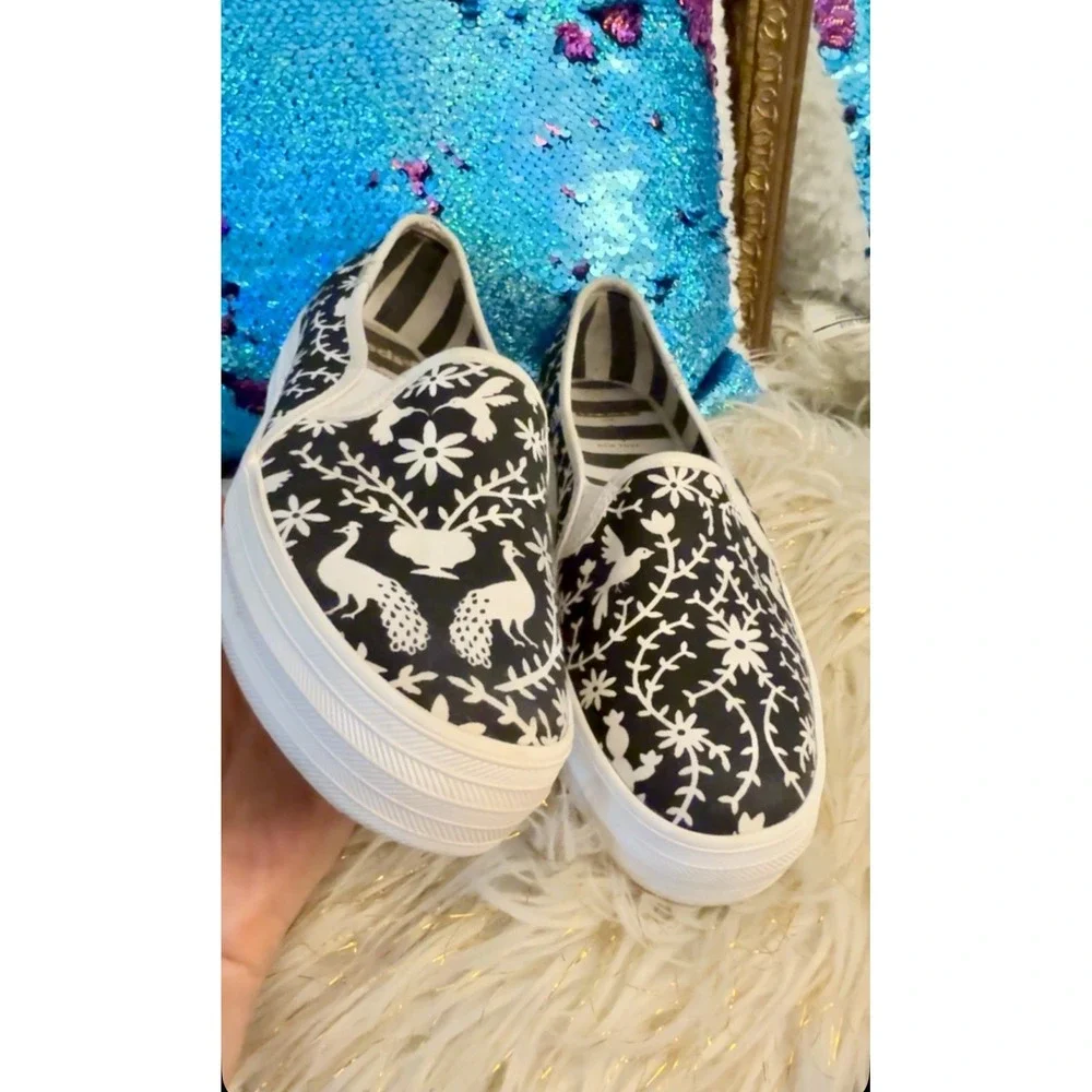 RARE Keds x Kate Spade Pheasant Floral Slip On Black White Womens Size 6